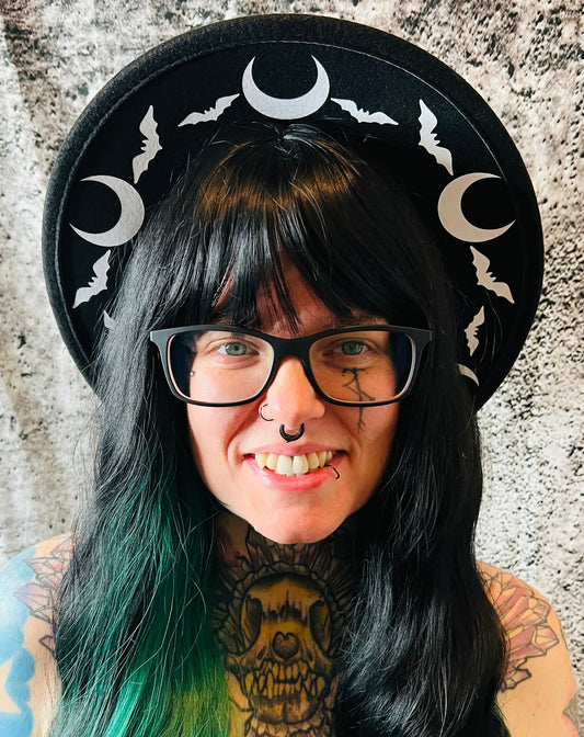 Vegan Felt Wide Brim Hat - "B/W Bat moon"