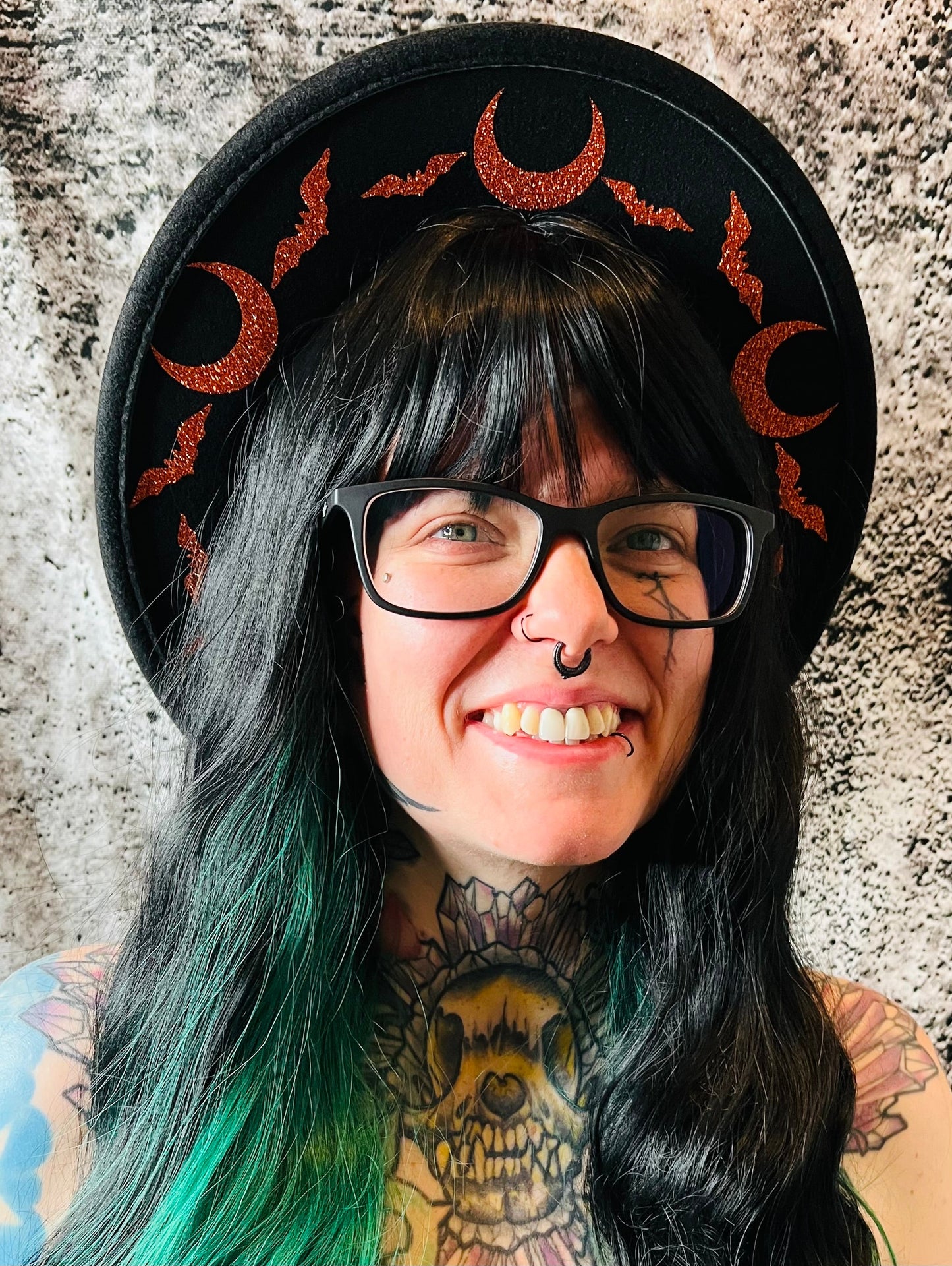 Vegan Felt Wide Brim Hat - "Orange Bat Moon"