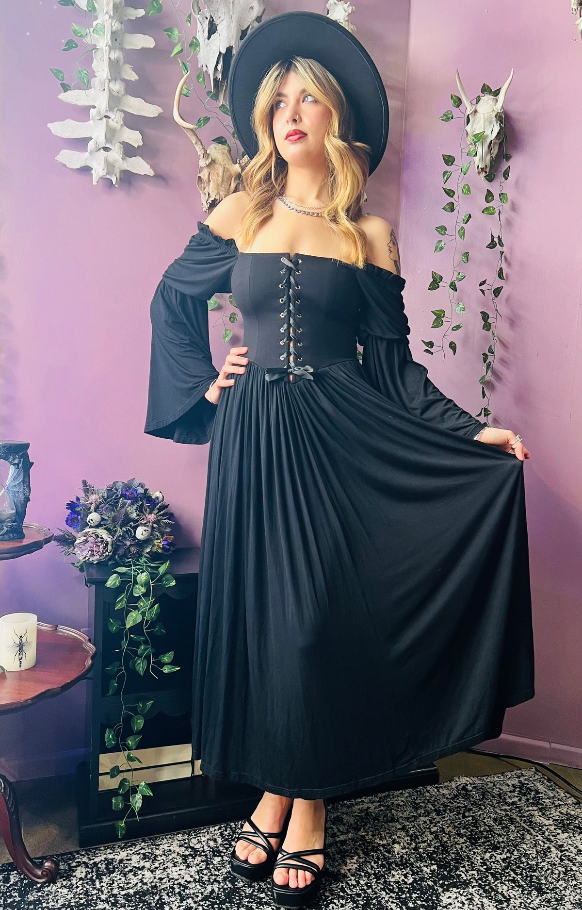 Lilith - Dark Cottage Goth Lace Up Jersey Dress - READY TO SHIP