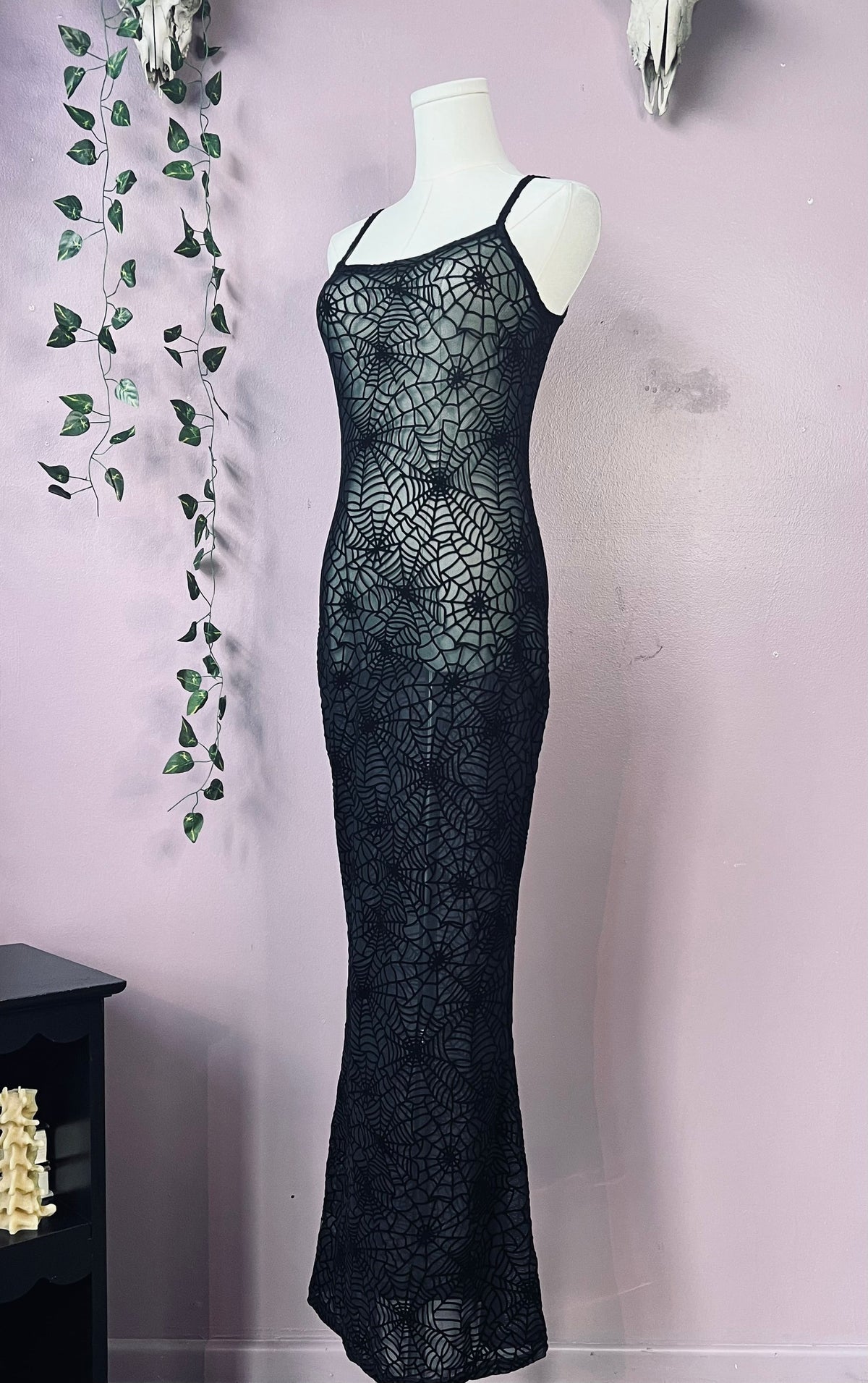 Sheer Hourglass Maxi Dress - Velvet Flocked Spider Webs - READY TO SHIP!