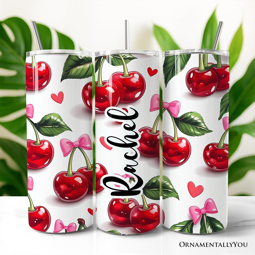 Cherry Bow Pattern 20oz Personalized Tumbler With Lid and Stainless Steel Straw, Valentine Travel Mug Gift