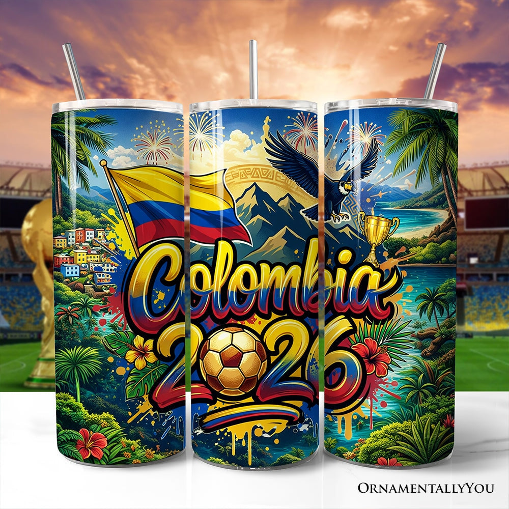 Colombia 2026 Soccer Cup Global Championship 20oz Tumbler With Lid and Stainless Steel Straw, Fans Football Gift Cup