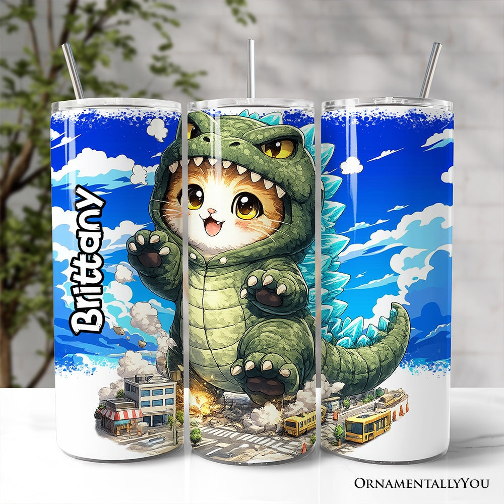 Kawaii Cat Kaiju City Destroyer 20oz Personalized Tumbler With Lid and Stainless Steel Straw, Japanese Anime Gift Cup