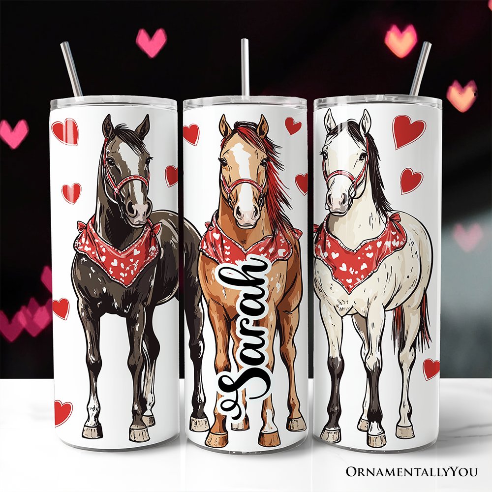 Valentine Horses Western Pattern 20oz Personalized Tumbler With Lid and Stainless Steel Straw, Cute Country Travel Mug Gift