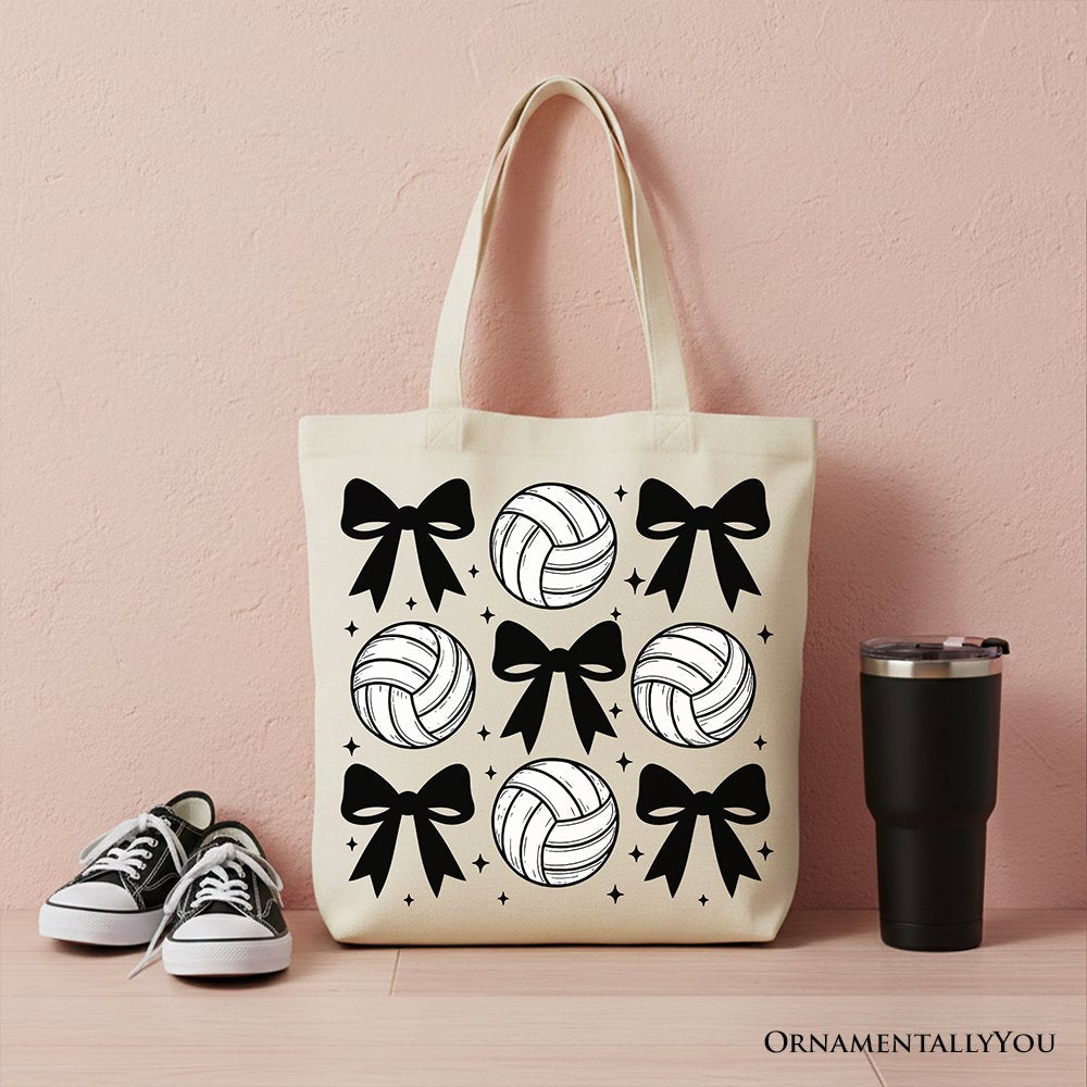 Coquette Volleyball Bows Canvas Tote Bag, Cute Athletic Sports Game Day Gift Shopper
