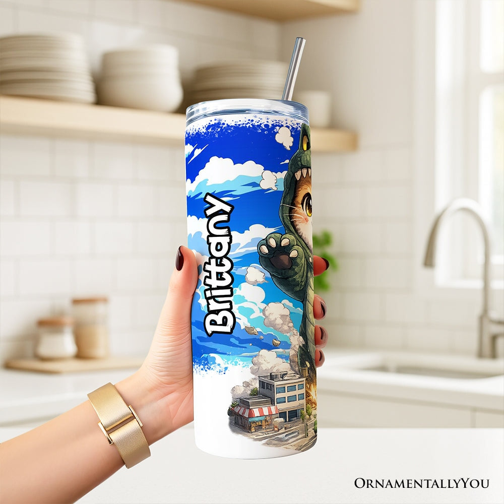 Kawaii Cat Kaiju City Destroyer 20oz Personalized Tumbler With Lid and Stainless Steel Straw, Japanese Anime Gift Cup