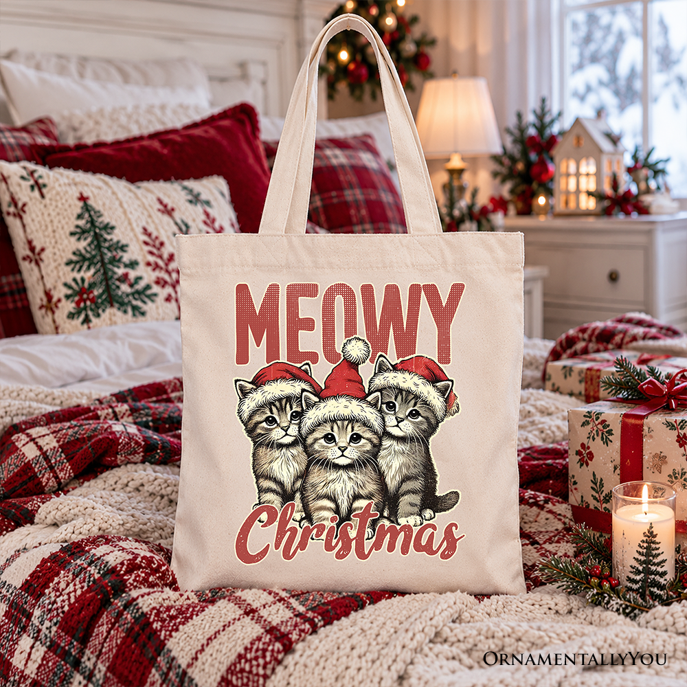 Cute Meowy Christmas Tote Bag, Baby Cat In Santa Hat Holiday Gift Shopper