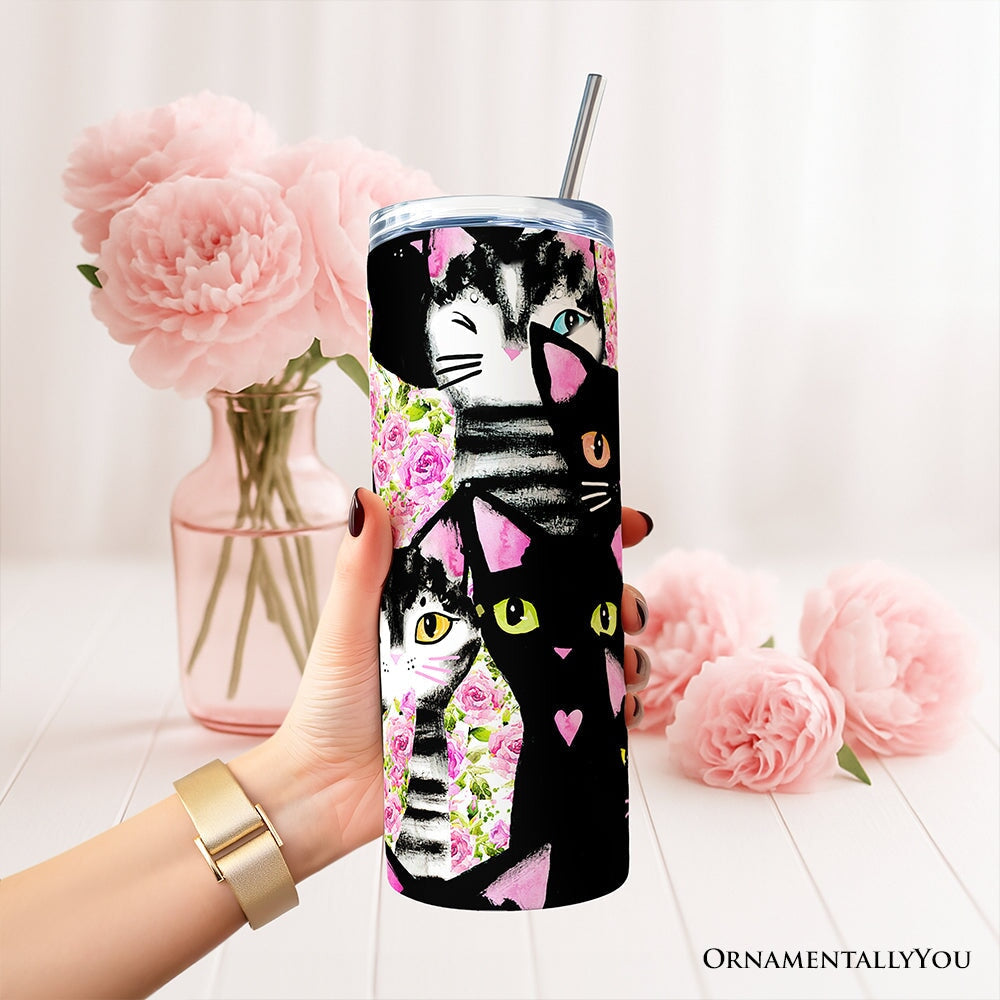 Black Cats Pink Rose Pattern 20oz Personalized Tumbler With Lid and Stainless Steel Straw, Cute Floral Kitty Gift Cup