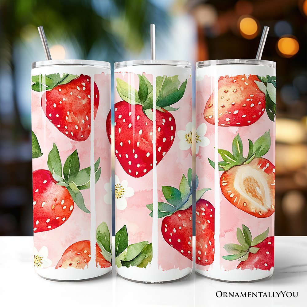 Strawberry Pattern 20oz Personalized Tumbler With Lid and Stainless Steel Straw, Summer Pink Girly Travel Mug Gift