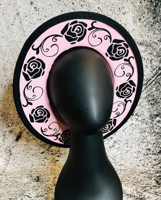 Vegan Felt Wide Brim Hat - "Pastel Pink Black Rose Crown"