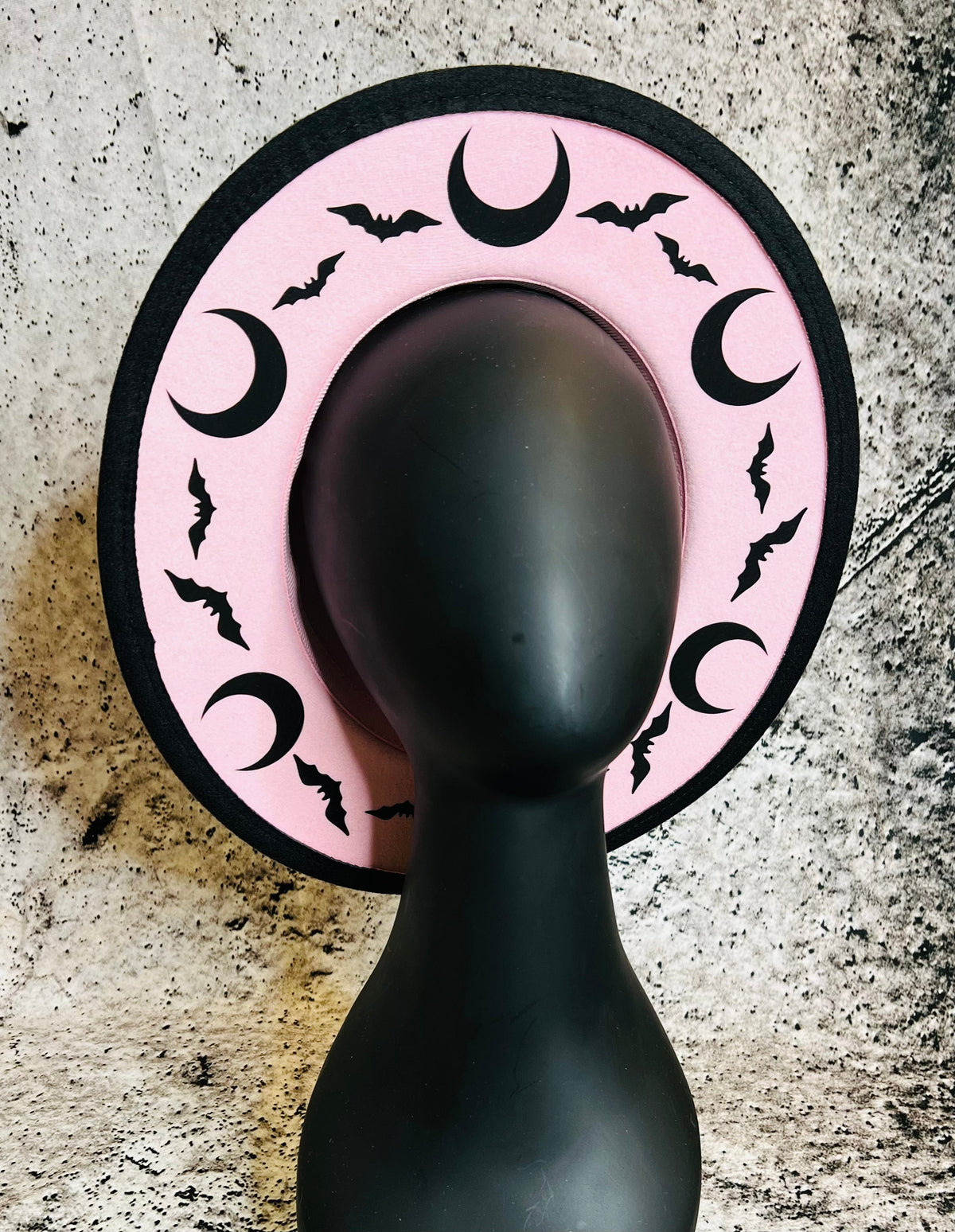 Vegan Felt Wide Brim Hat - "Pastel Pink Bat Moon"