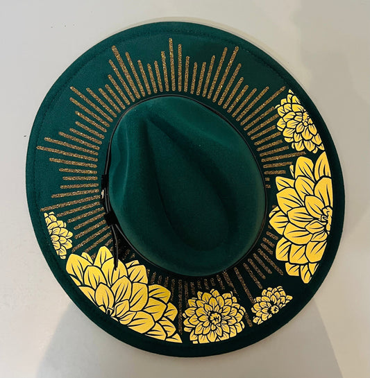Vegan Felt Wide Brim Hat - XL Brim - Emerald - Dahlia Burst