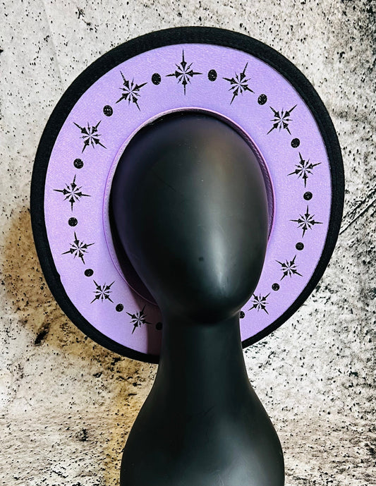 Vegan Felt Wide Brim Hat - "Lavender Black Starburst"