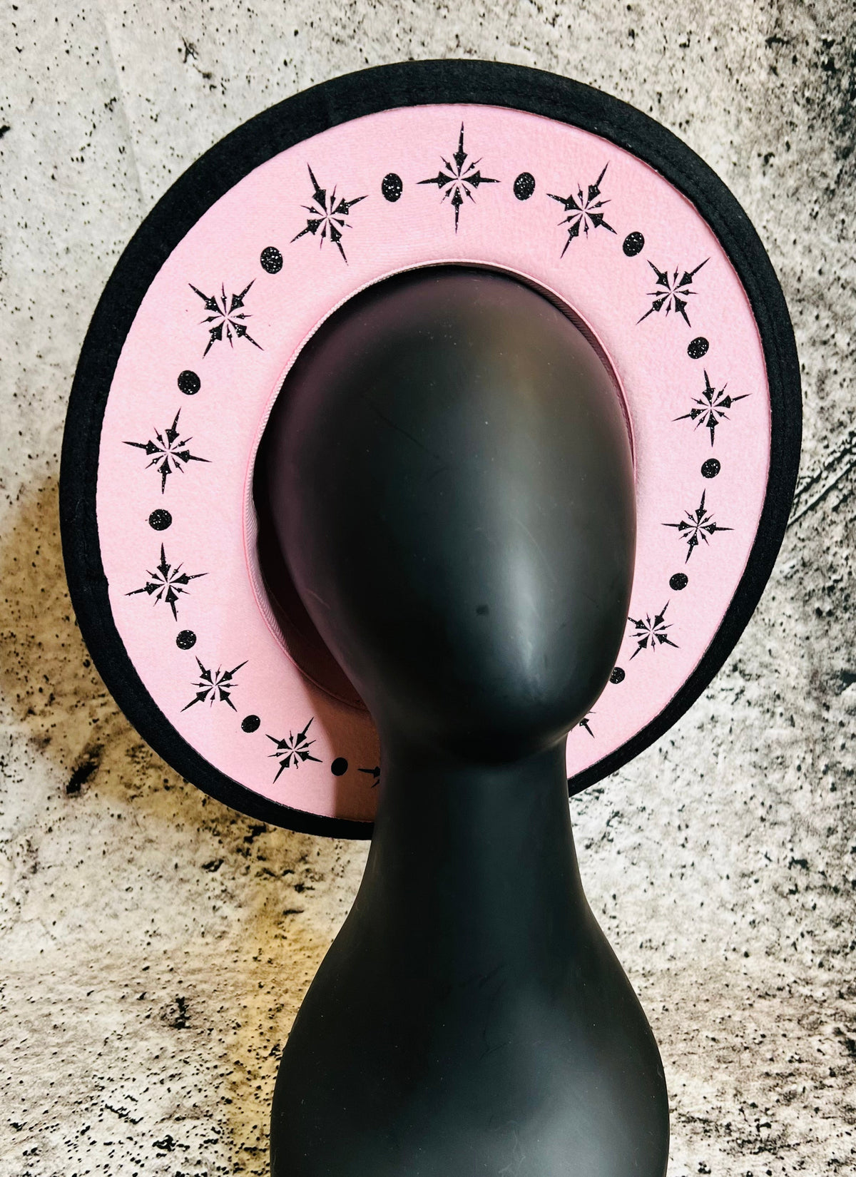 Vegan Felt Wide Brim Hat - "Pastel Pink Black Starburst"