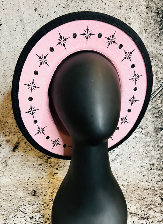 Vegan Felt Wide Brim Hat - "Pastel Pink Black Starburst"