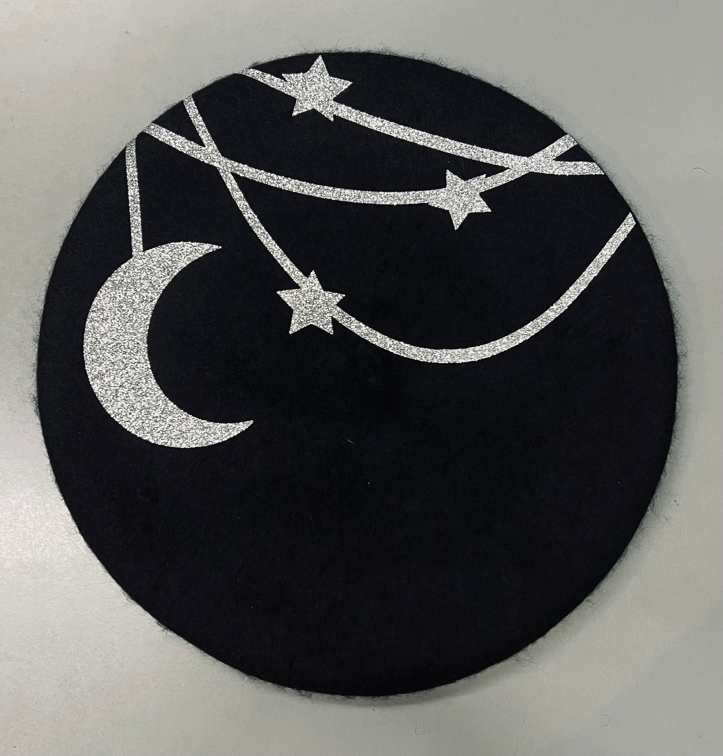 Vegan Beret - Hanging Moon & Stars (Silver Glitter)