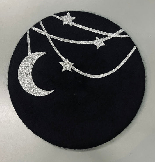 Vegan Beret - Hanging Moon & Stars (Silver Glitter)