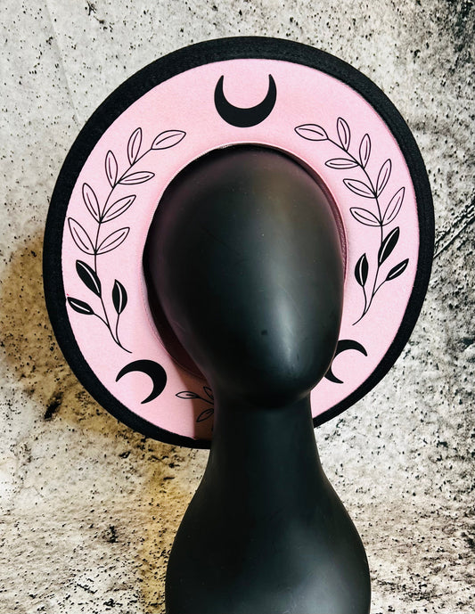 Vegan Felt Wide Brim Hat - "Pastel Pink Fern Moon"