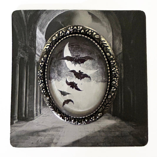 Vintage Halloween Flying Bats Handmade Cameo Brooch