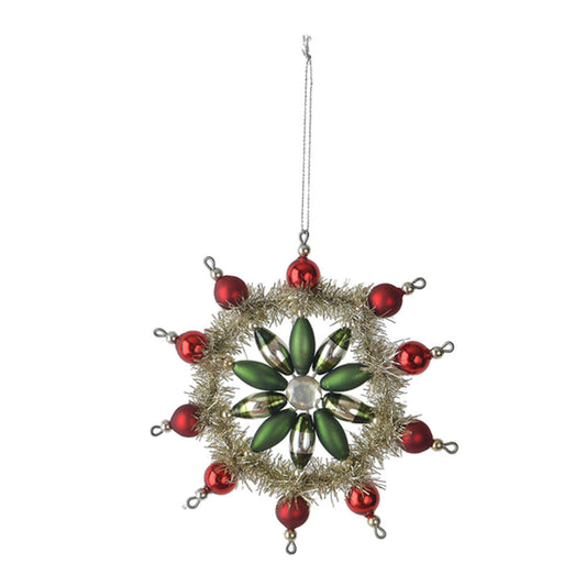 Vintage Style Glass & Tinsel Snowflake Ornament GREEN