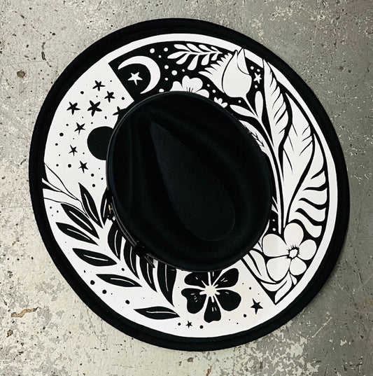 Vegan Felt Wide Brim Hat - XL Brim - Night and Day Floral