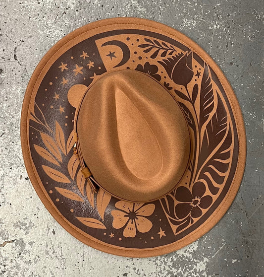 Vegan Felt Wide Brim Hat - XL Brim - Caramel - Night and Day Floral