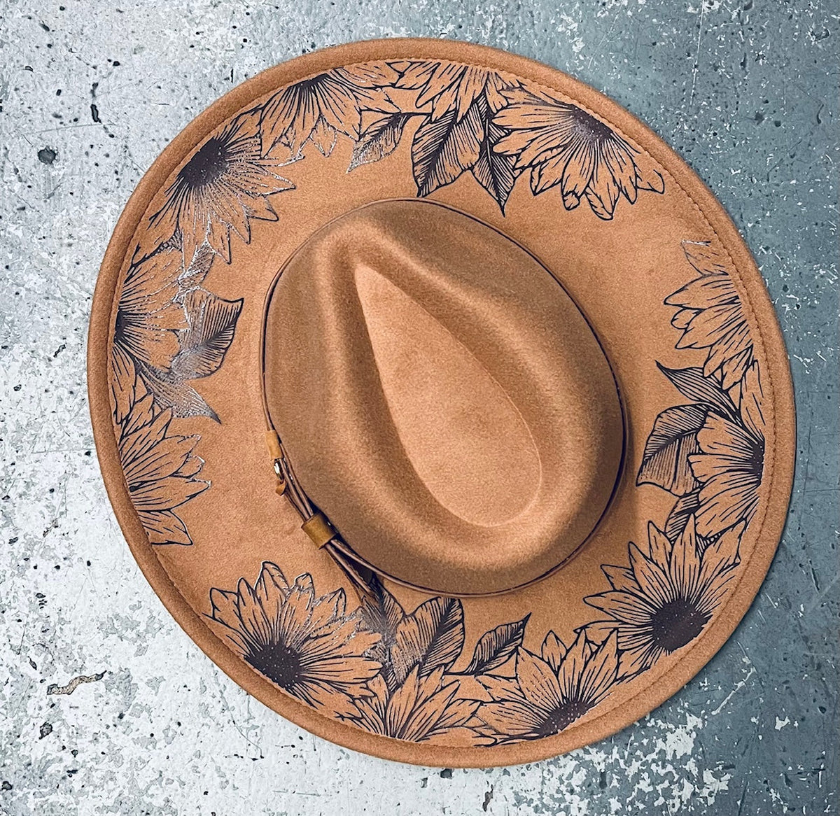 Vegan Felt Wide Brim Hat - XL Brim - Caramel - Sunflowers