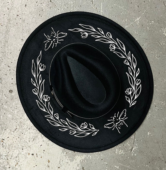 Vegan Felt Wide Brim Hat - XL Brim - Bee Florals
