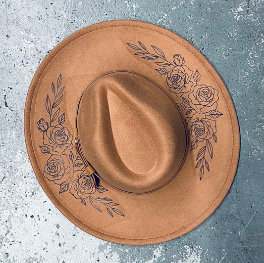 Vegan Felt Wide Brim Hat - XL Brim - Caramel - Rose Crown