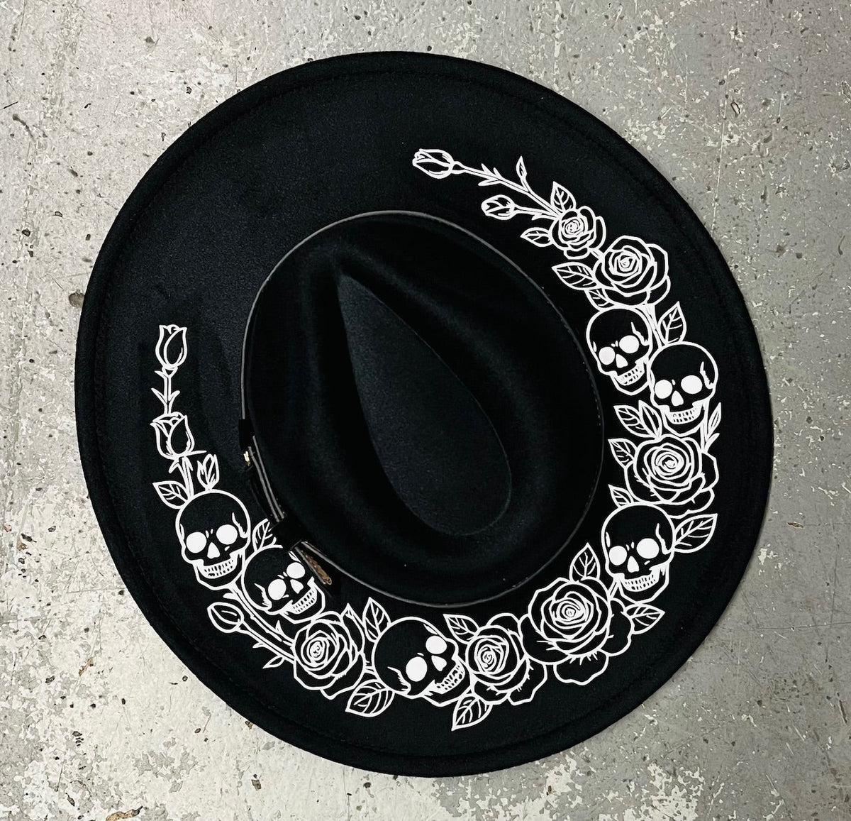 Vegan Felt Wide Brim Hat - XL Brim - Skulls & Roses