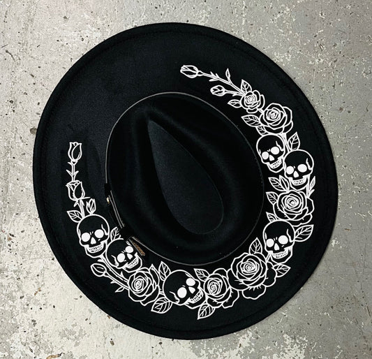 Vegan Felt Wide Brim Hat - XL Brim - Skulls & Roses