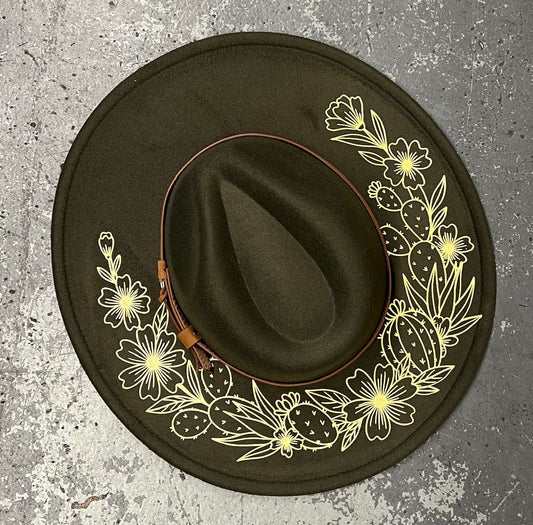 Vegan Felt Wide Brim Hat - XL Brim - Olive - Floral Cacti