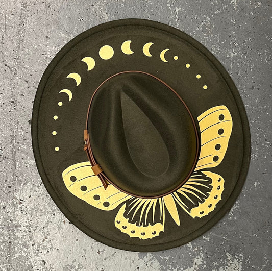 Vegan Felt Wide Brim Hat - XL Brim - Olive - Moon Phase Moth