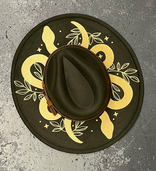 Vegan Felt Wide Brim Hat - XL Brim - Olive - Snakes and Florals