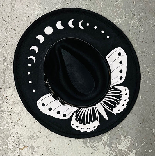 Vegan Felt Wide Brim Hat - XL Brim - Moon Phase Moth