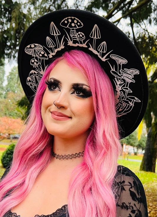 Vegan Felt Wide Brim Hat - XL Brim - "Mushrooms"