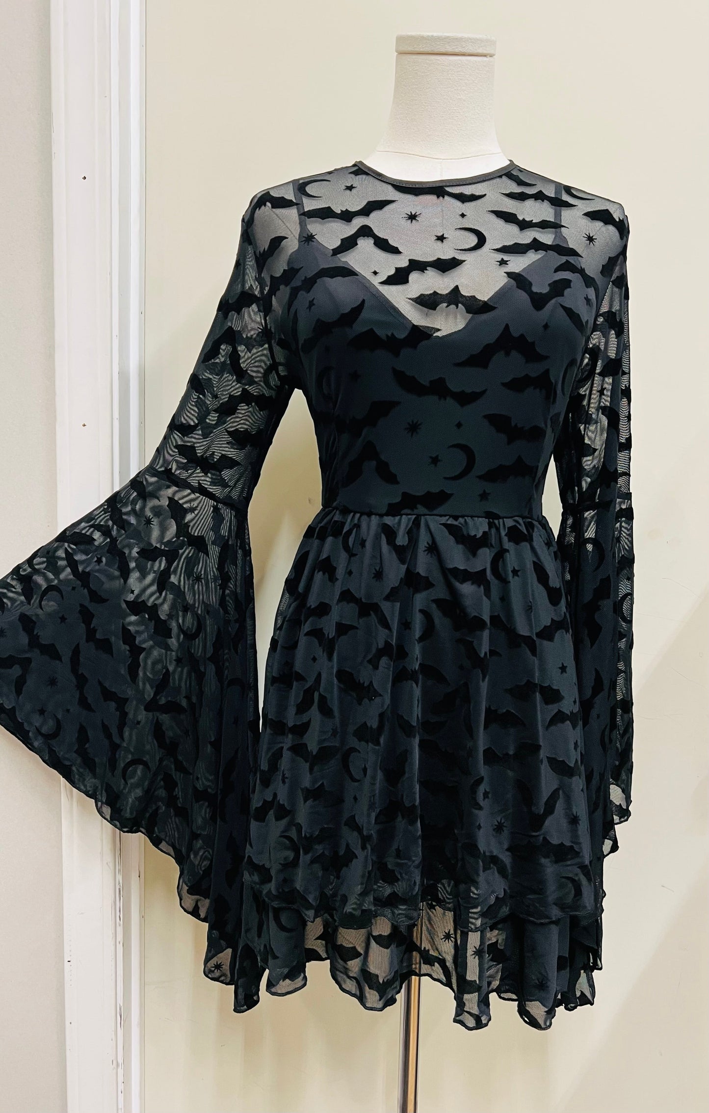 Dracuella - Velvet  BATS Flocked Mini Dress with Witchy Bell Sleeves - READY TO SHIP