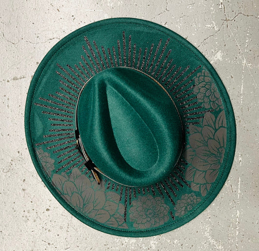Vegan Felt Wide Brim Hat - XL Brim - Emerald - BLACK Dahlia Burst
