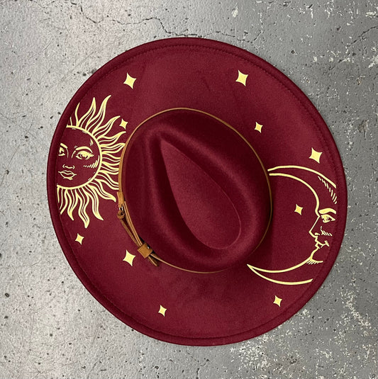 Vegan Felt Wide Brim Hat - Flat Top - Wine Red - Celestial Sun and Moon