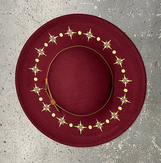 Vegan Felt Wide Brim Hat - Flat Top - Wine Red - Starburst