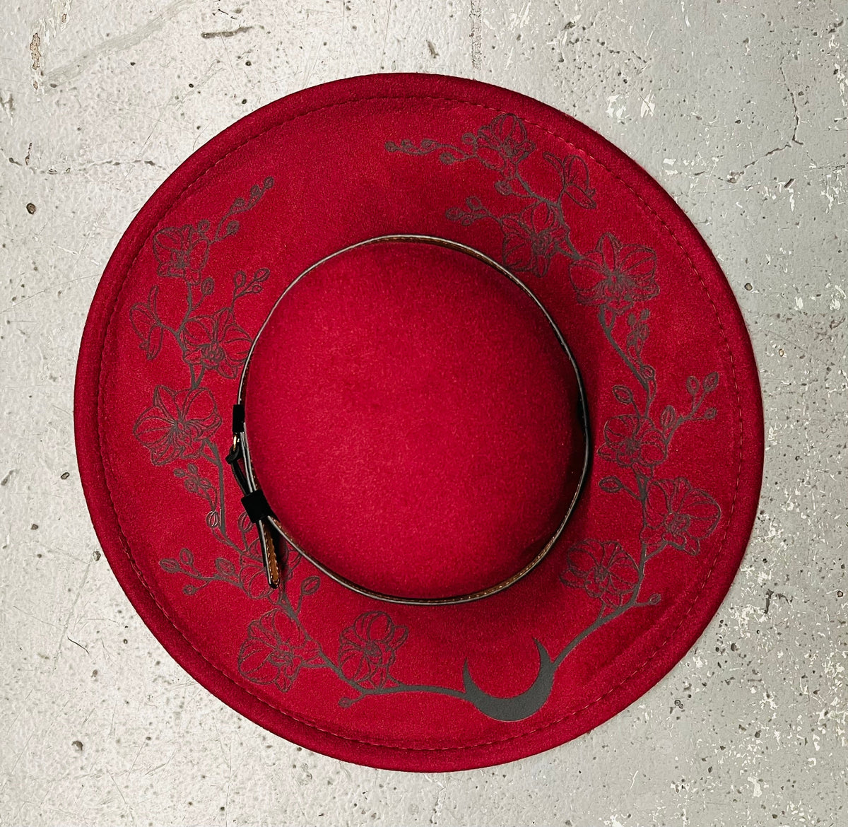 Vegan Felt Wide Brim Hat - Flat Top - Wine Red - Orchids Outline