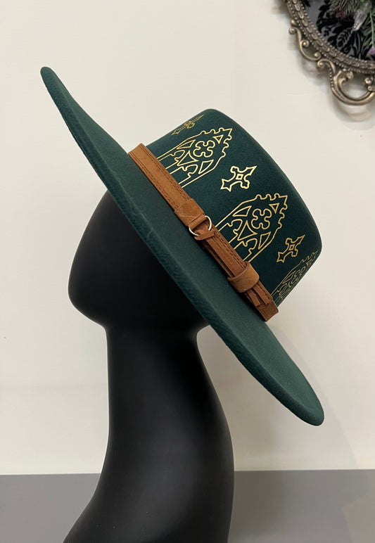 Vegan Felt Wide Brim Hat - Flat Top - Emerald - Arches