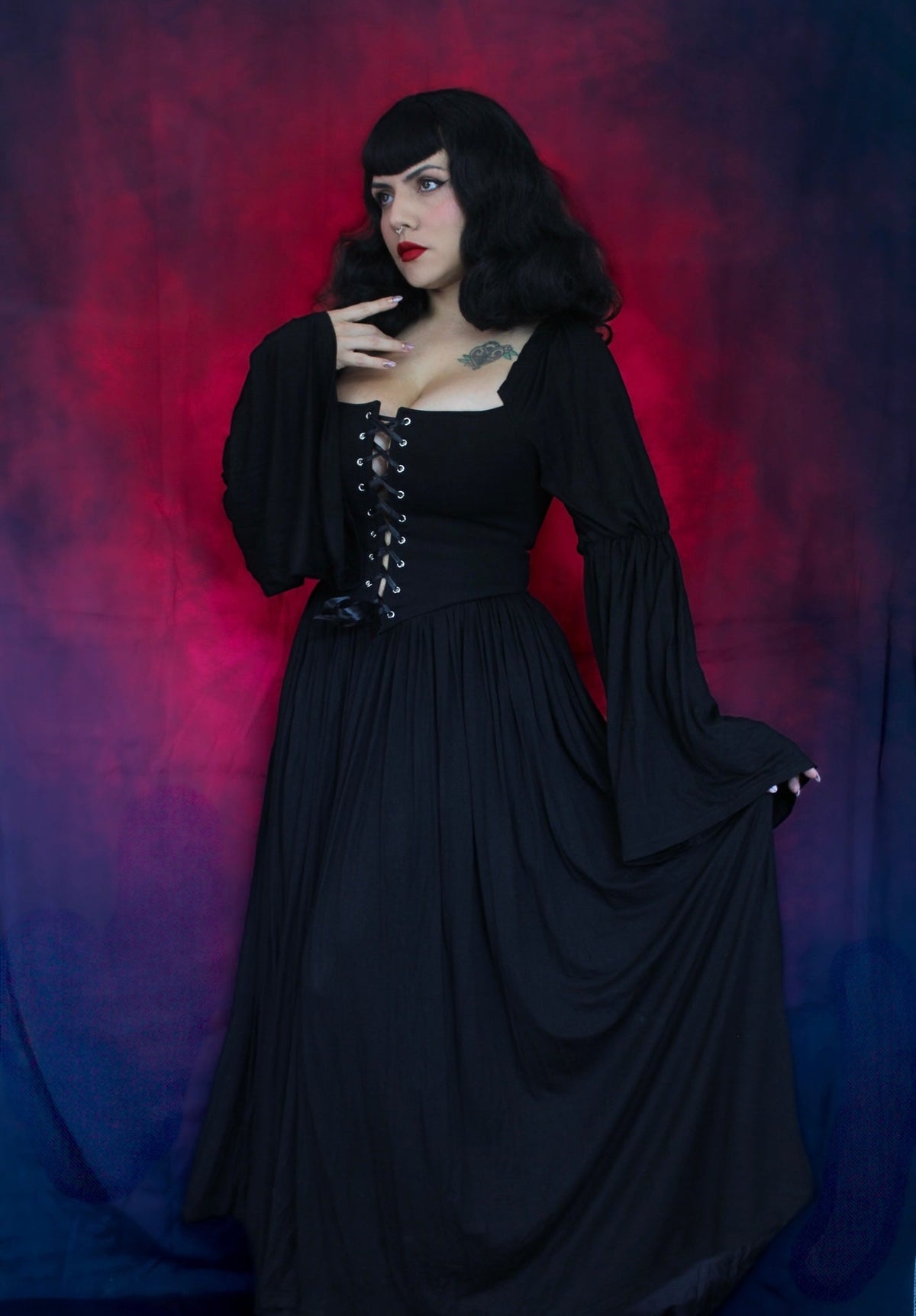 Lilith - Dark Cottage Goth Lace Up Jersey Dress - READY TO SHIP