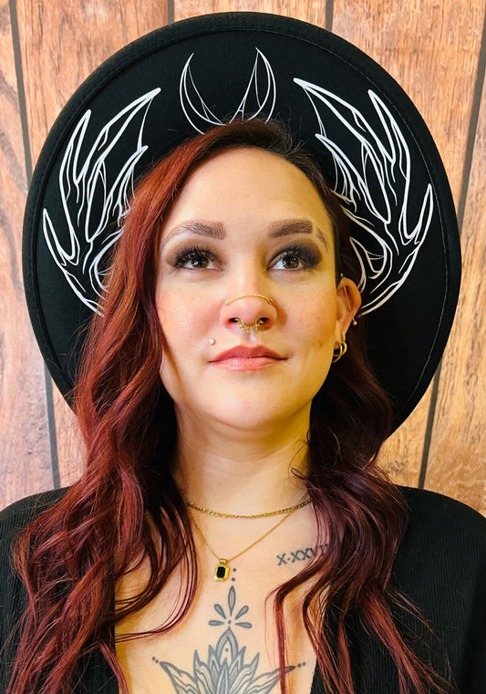 Vegan Felt Wide Brim Hat - XL Brim - "Webbed Antlers"