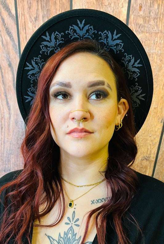 Vegan Felt Wide Brim Hat - Bat Damask - Black/Charcoal