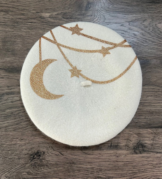 Fox & Fable - Vegan Beret - Gold Hanging Moon and Stars