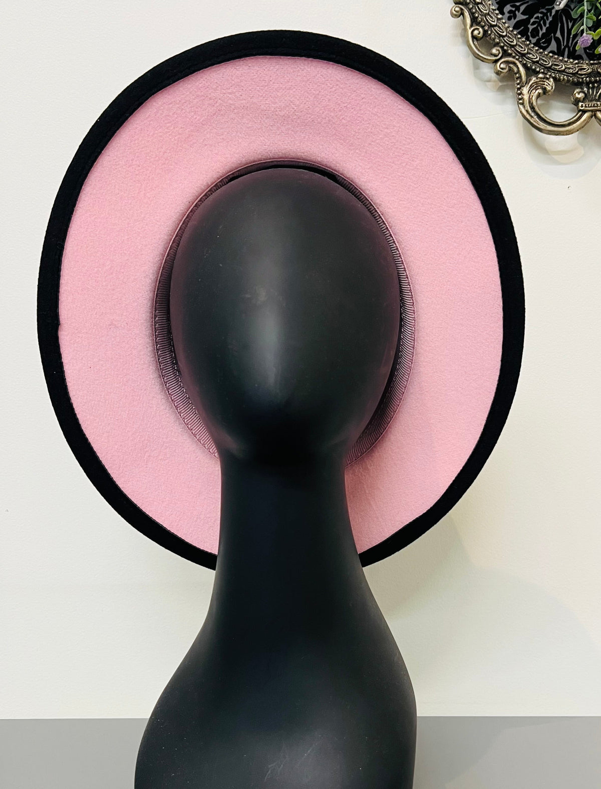 Vegan Felt Wide Brim Hat - 2 tone - Pastel Pink/Black - Plain