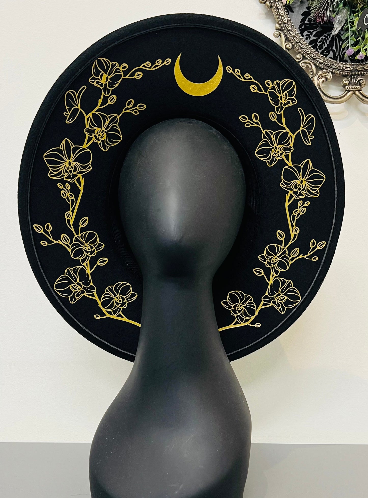 Vegan Felt Wide Brim Hat - XL Brim - Gold or Silver Orchids Outline
