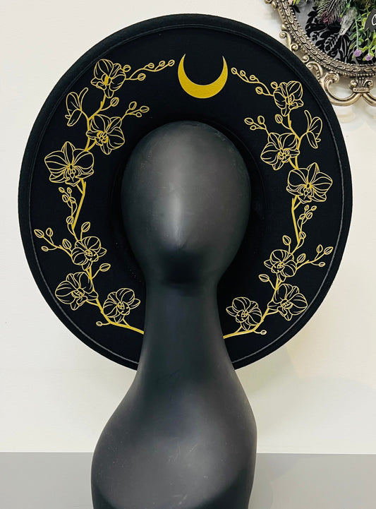 Vegan Felt Wide Brim Hat - XL Brim - Gold or Silver Orchids Outline