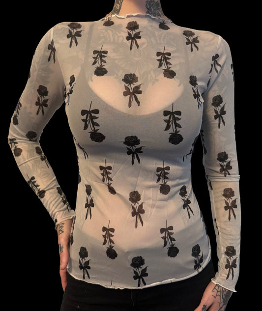 Sheer Mesh Top - Black Roses